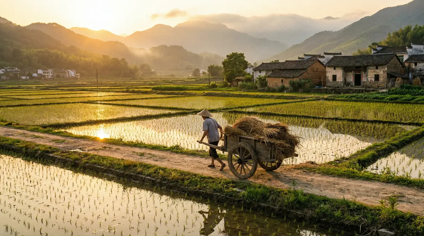 恋爱恐慌症百度影音 - 金色夕阳下的乡村田野，老农推着木车行走在田埂上